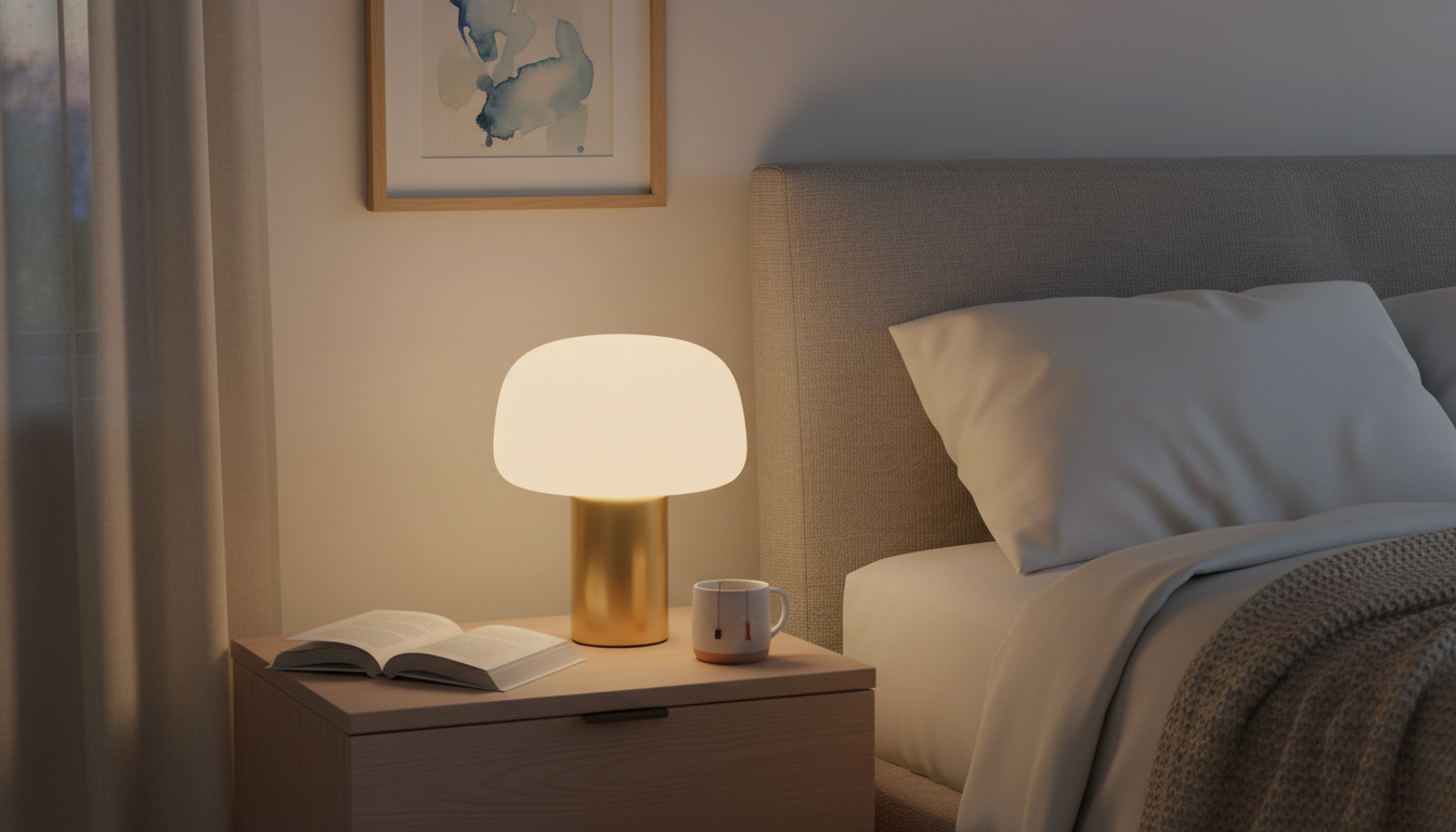 Ambiance chaleureuse avec la lampe de chevet en verre opalin, illuminant une table en bois.