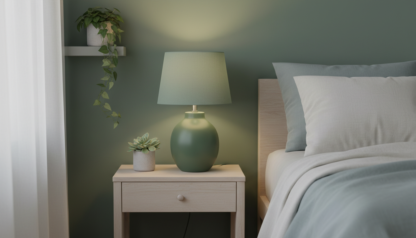 Lampe élégamment posée sur un bureau en marbre, entourée de livres et de plantes.