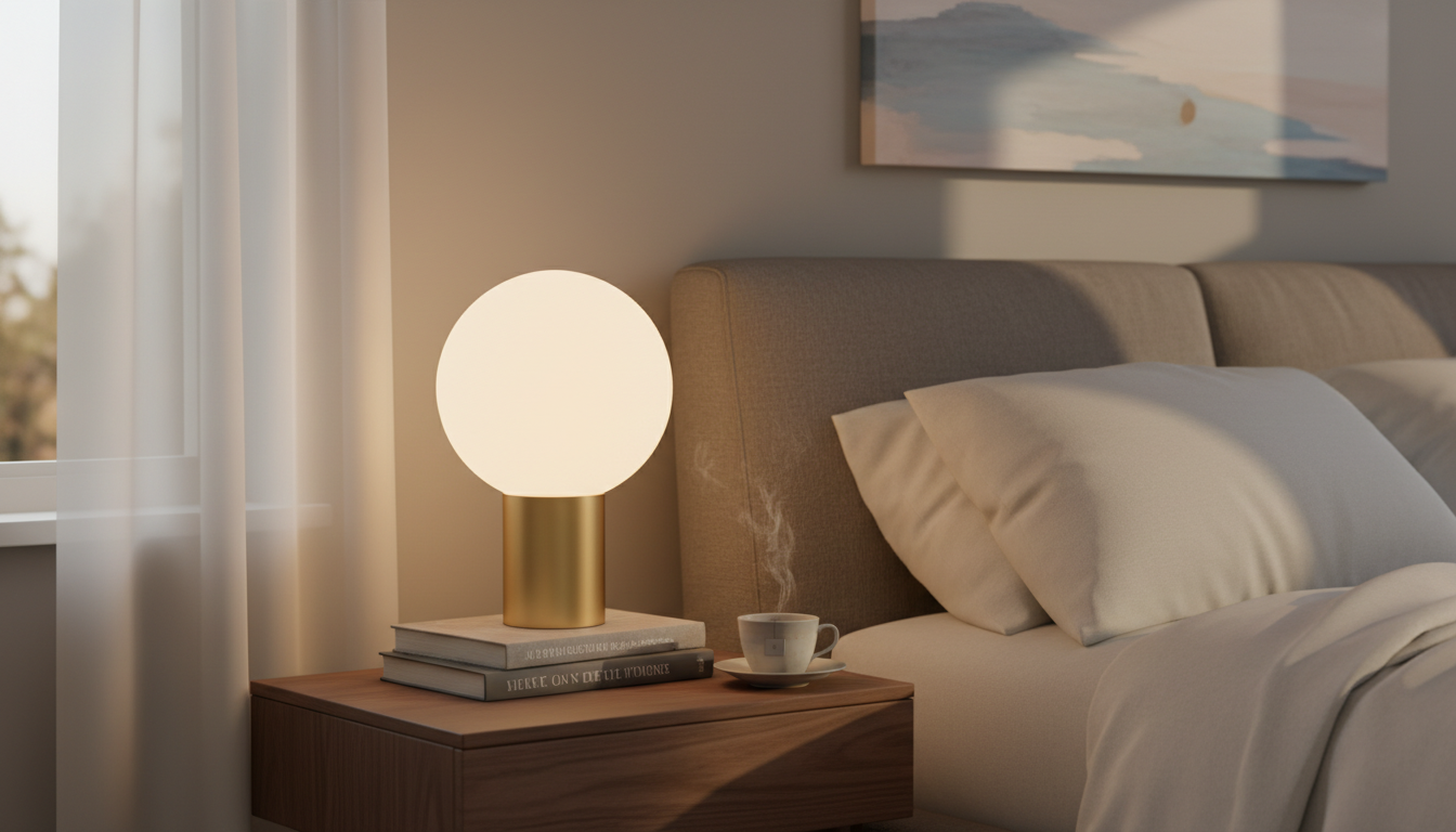 Lampe de chevet en forme de boule, sur une commode vintage, entourée de livres et plantes.