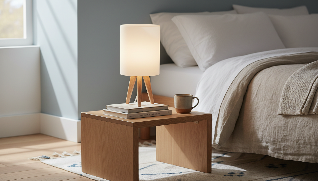 Harmonie parfaite entre la lampe et le mobilier scandinave, bois clair et coussins pastel.