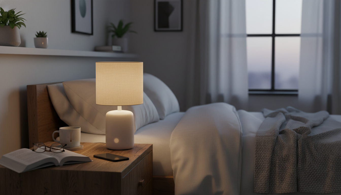 Ambiance douce avec la lampe tactile en métal noir, éclairage chaleureux sur la table de chevet.