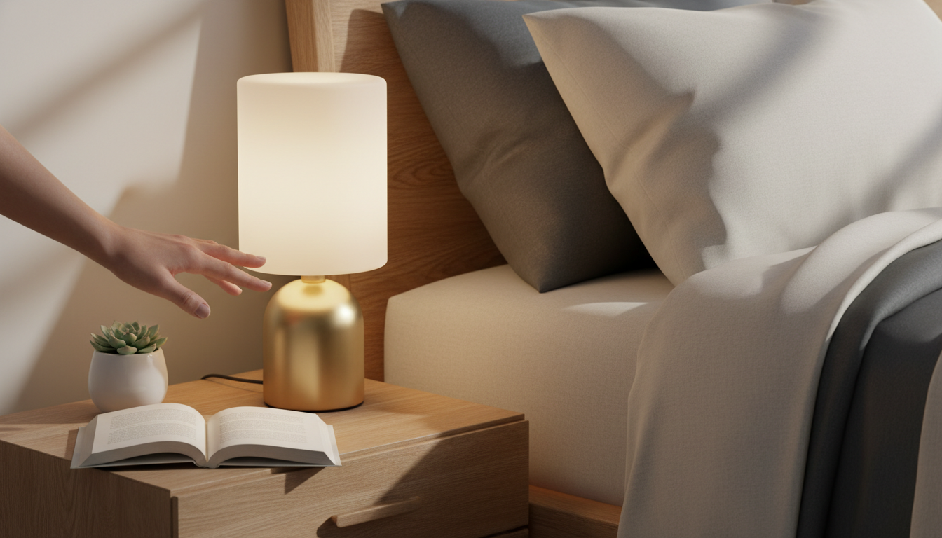 Lampe élégante sur un chevet en bois clair, illuminant délicatement un livre ouvert et une plante.