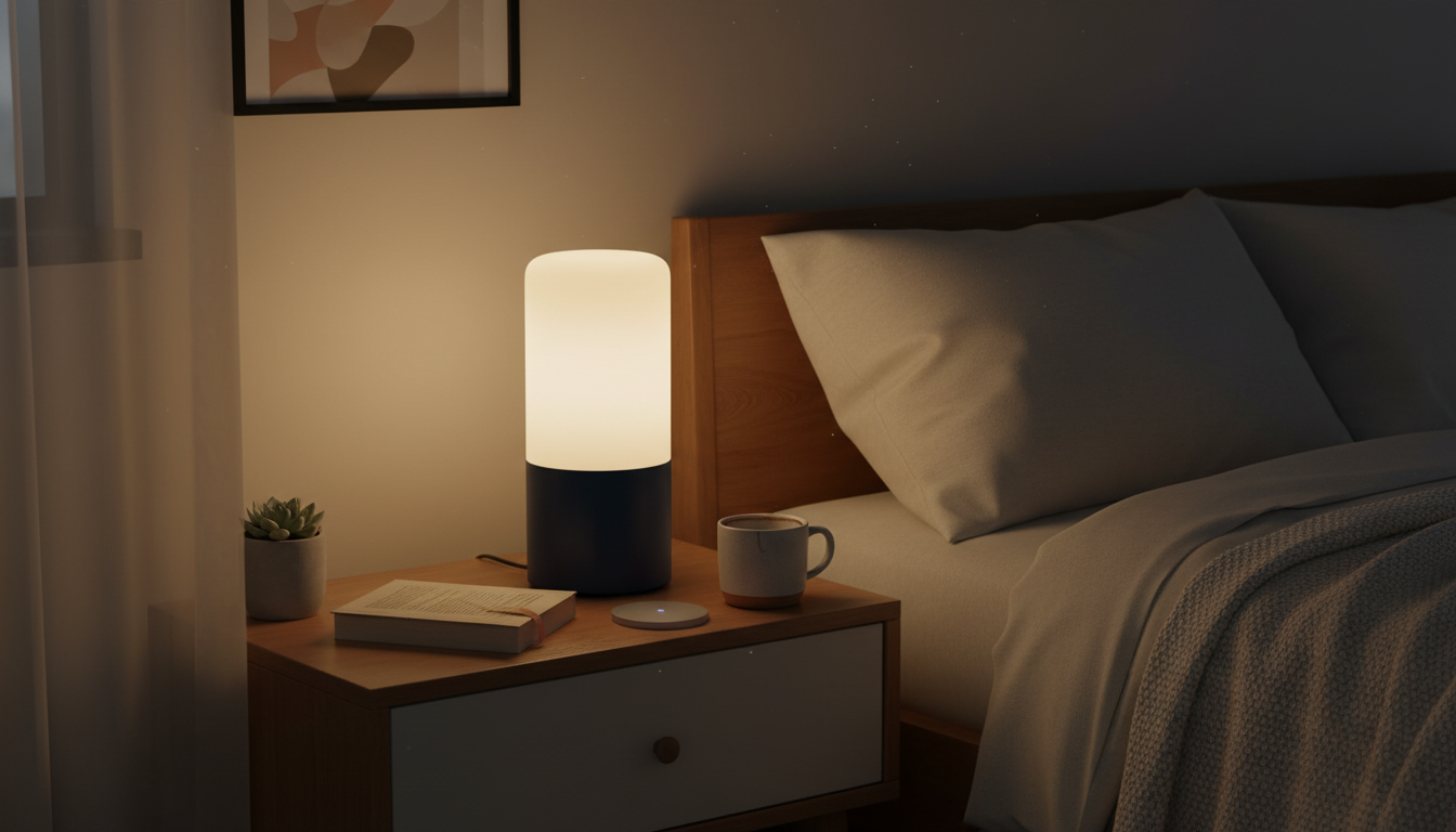 Douce lumière chaude enveloppant le lit, crée une ambiance apaisante au crépuscule.