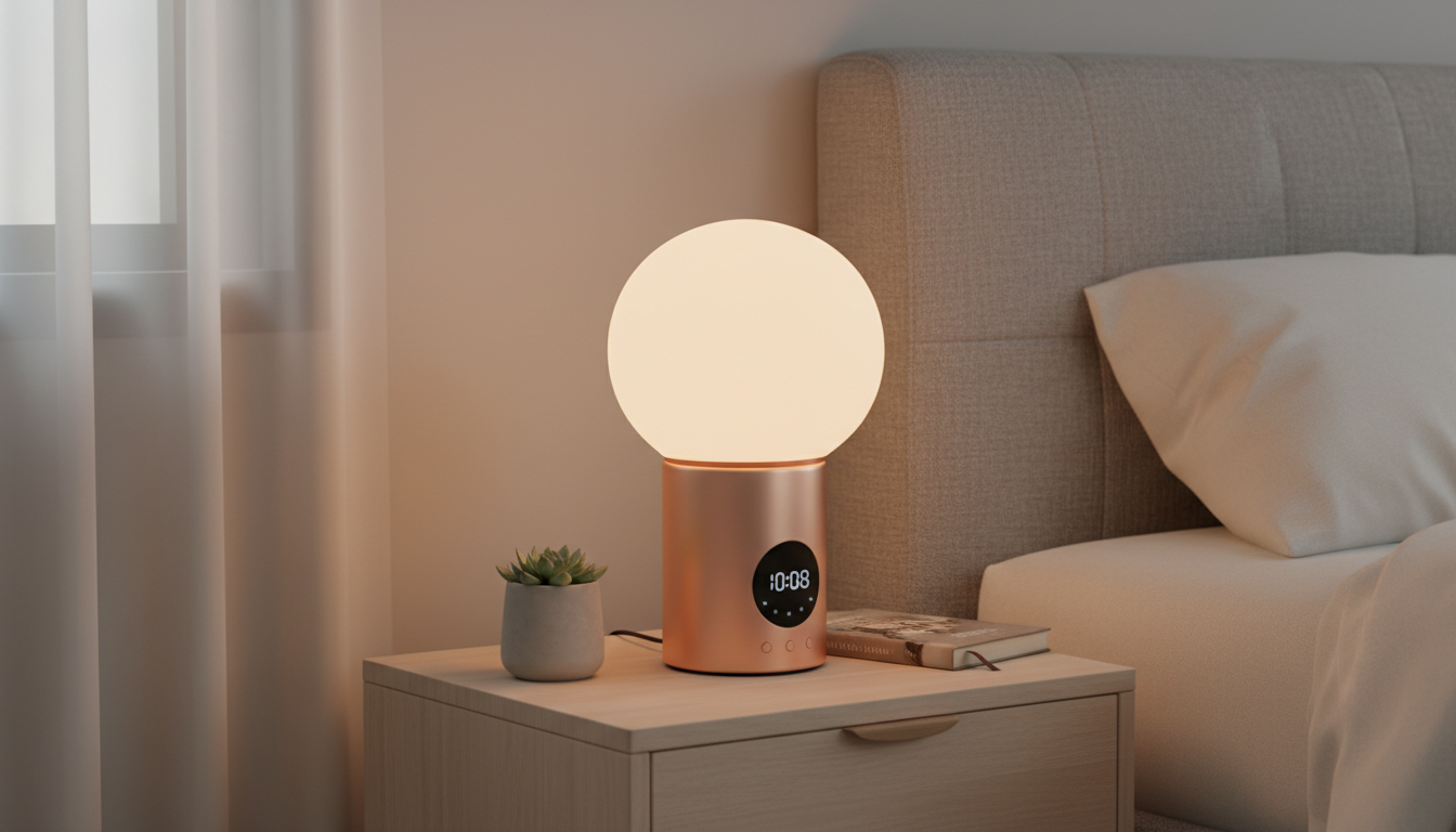 Élégante lampe en bois clair accompagnée de plantes vertes, ajoutant une touche naturelle.