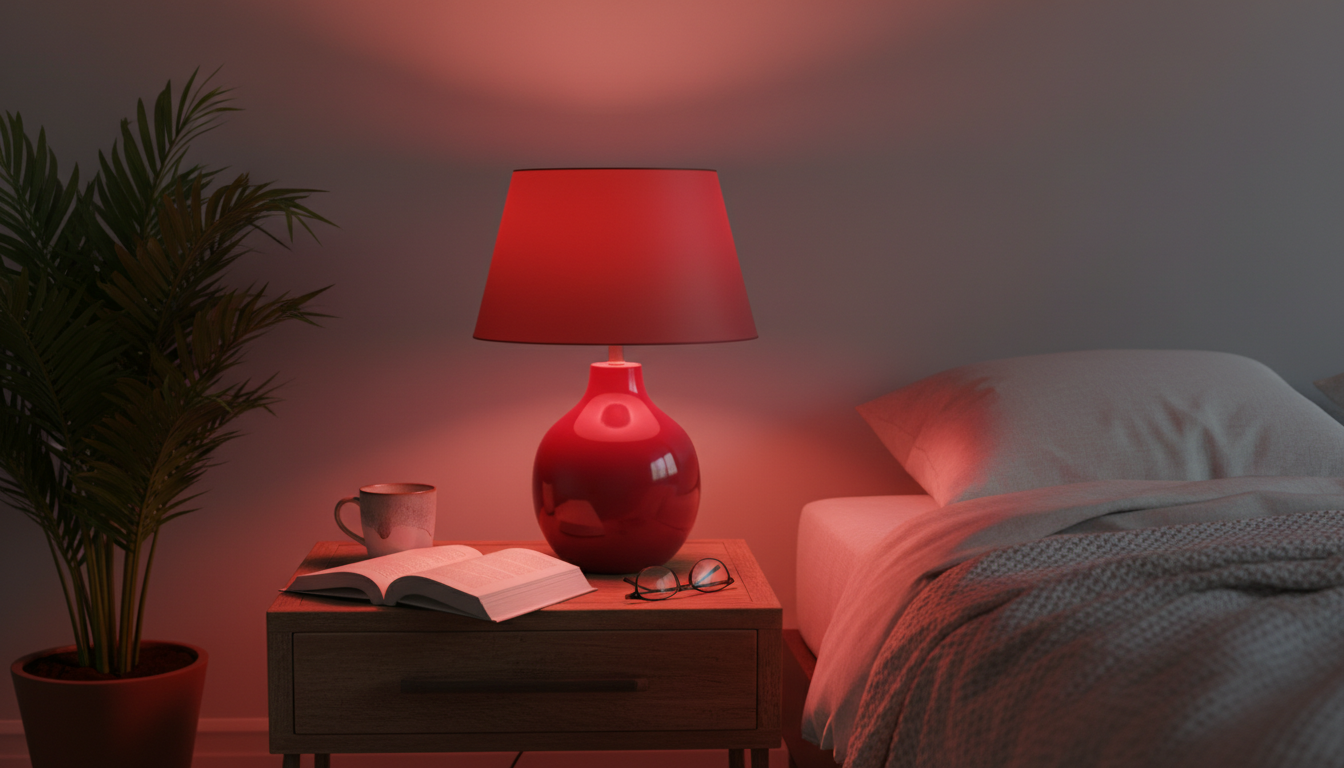 Lampe de chevet rouge cerise illuminant une chambre moderne aux accents neutres.
