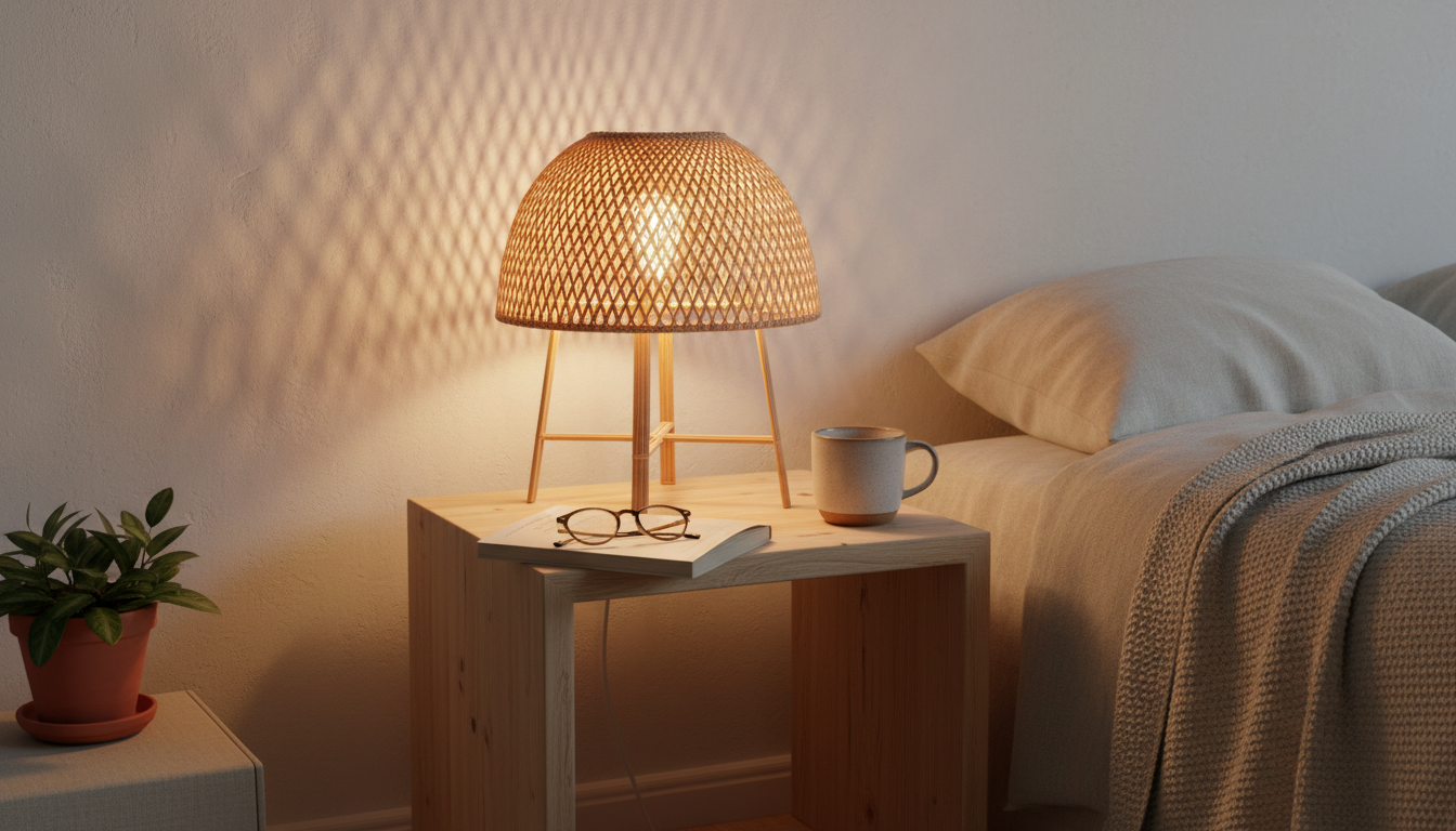 Douce lumière dorée émise par la lampe rotin, créant une ambiance cosy près du lit.