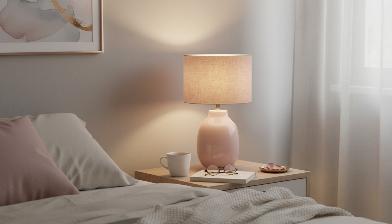 Lampe rose délicate illuminant une chambre douce avec murs pastel et draps blancs.