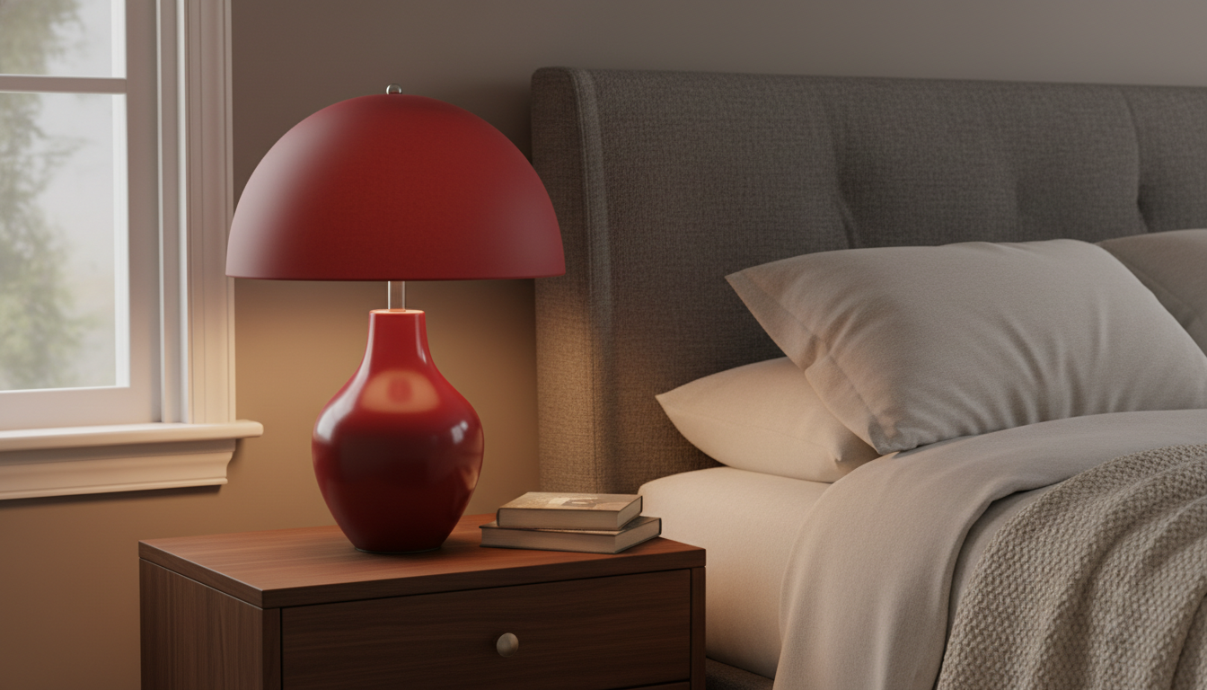 Lampe vermillon posée sur une table en bois, entourée de livres et de plantes vertes.