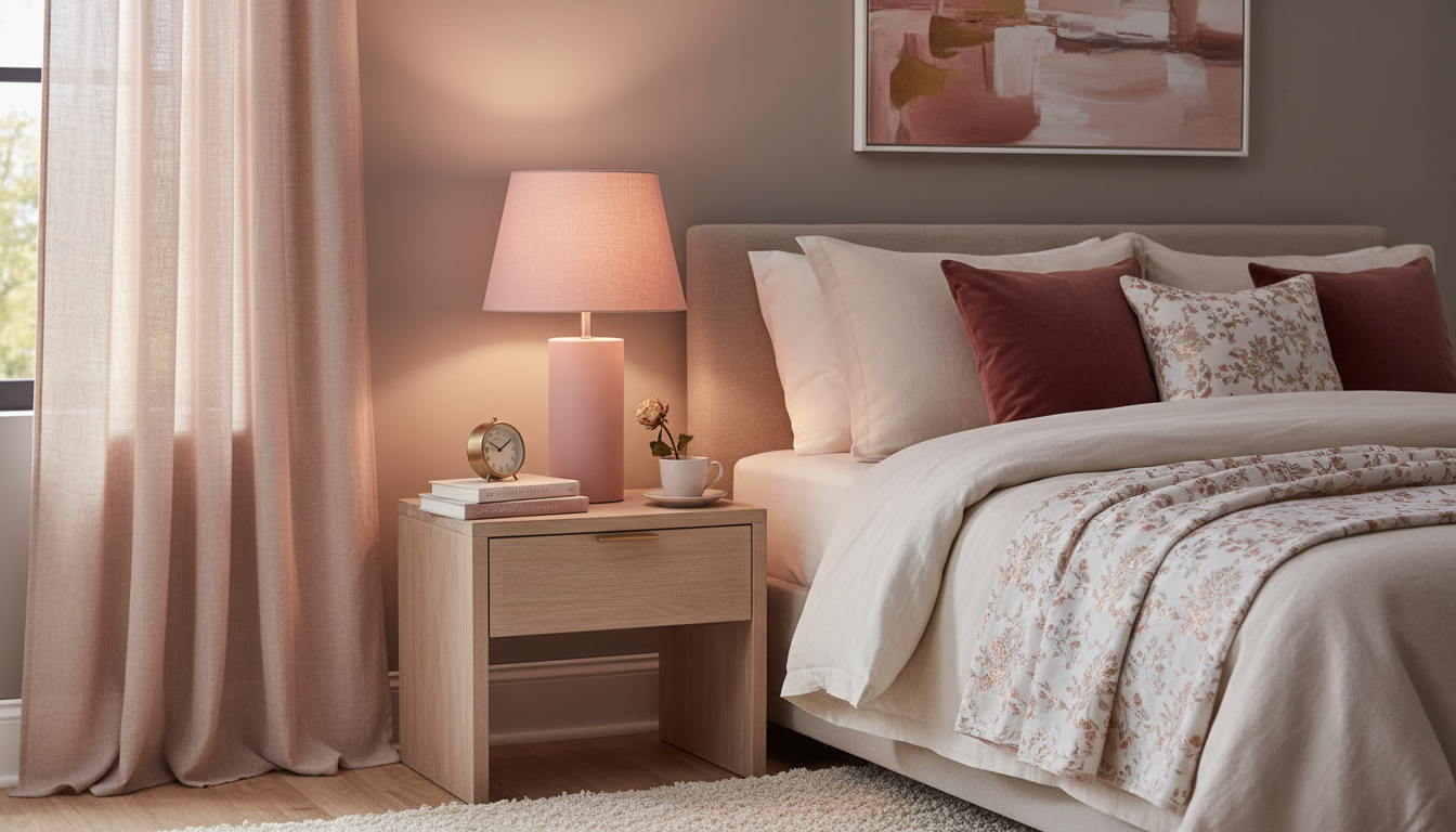 Lampe de chevet élégante sur une table en bois, entourée de livres et de fleurs.