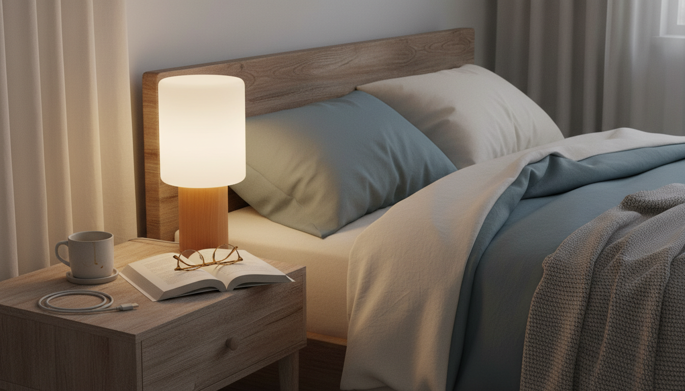 Une lampe de chevet blanche, illuminant un livre ouvert sur une table en bois, crée une ambiance chaleureuse.