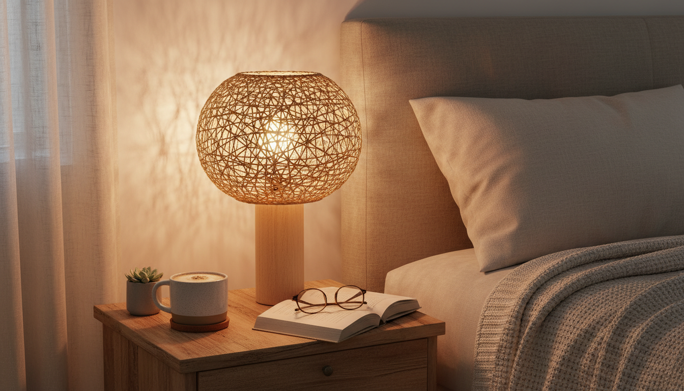 Une lampe de chevet en osier tressé illumine une chambre aux teintes douces, créant une atmosphère apaisante.