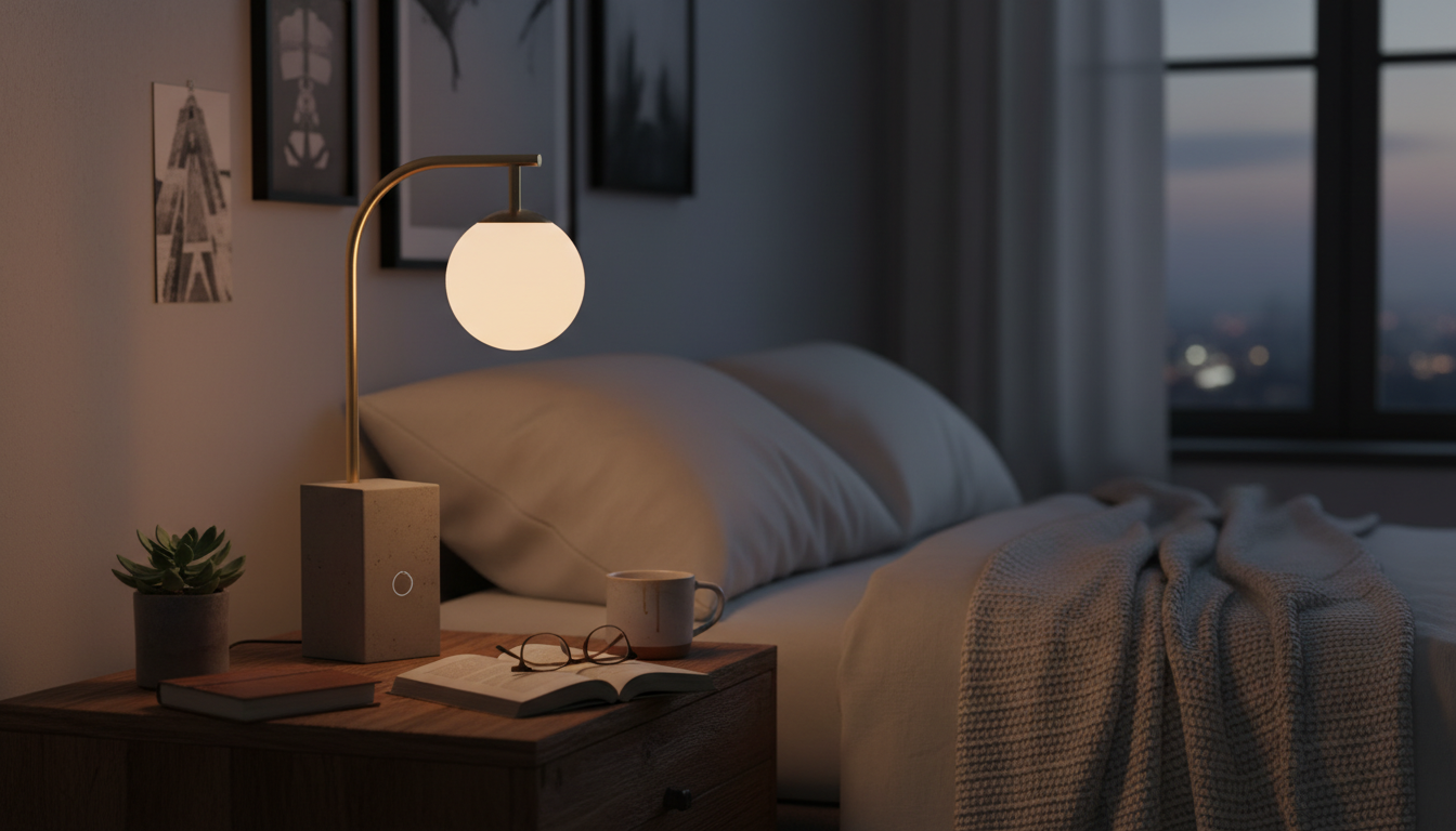 Une lampe en bois sculpté de 40 cm illuminant une chambre moderne aux teintes pastel.
