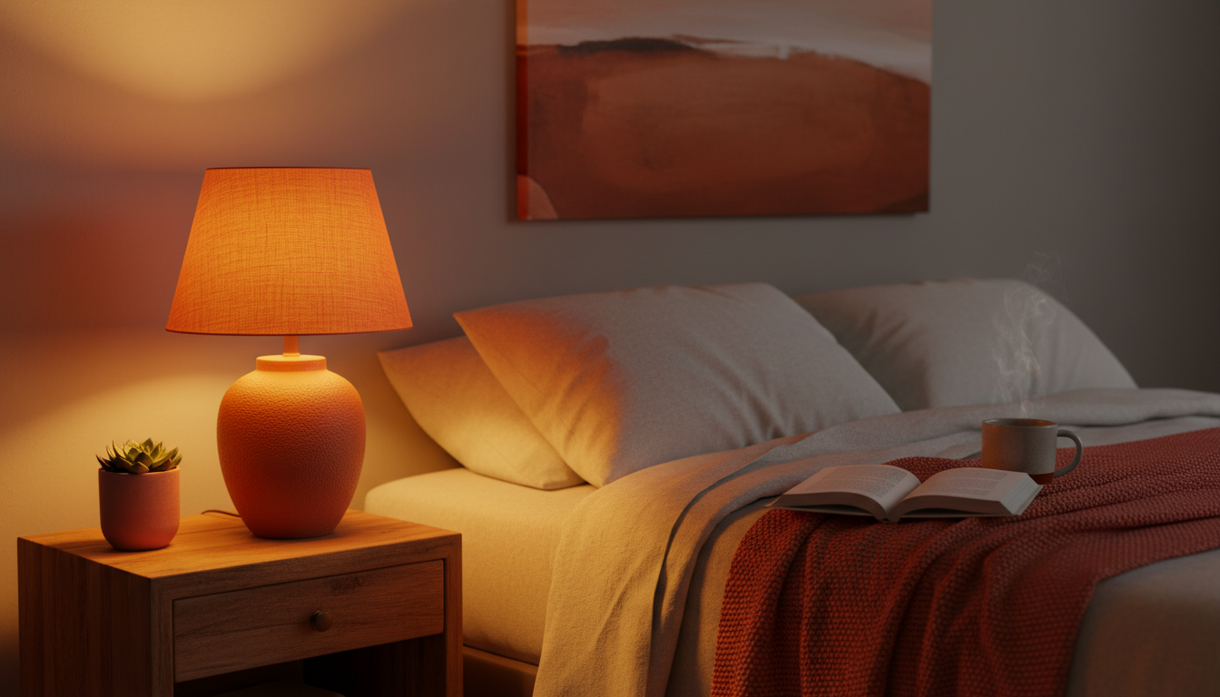 Une lampe de chevet orange, 30 cm de haut, diffuse une lumière douce dans une chambre moderne.