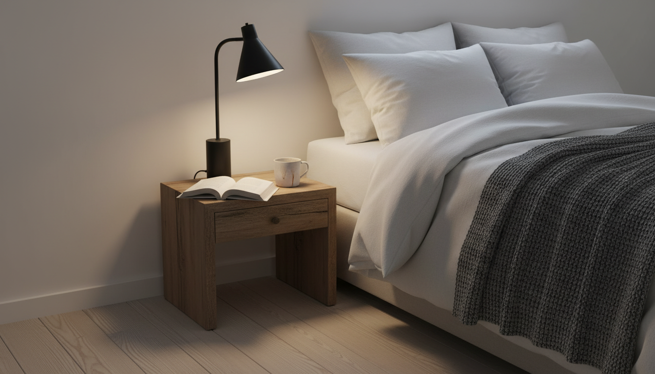 Ambiance cosy avec la lampe de chevet noir, éclairage doux sur table en bois clair.
