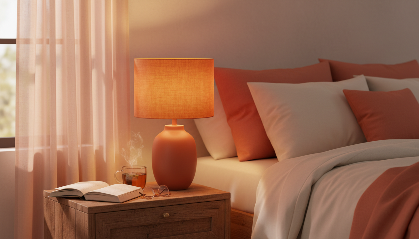 Lampe de chevet orange, stylée sur une table en bois clair, entourée de livres et de plantes vertes.