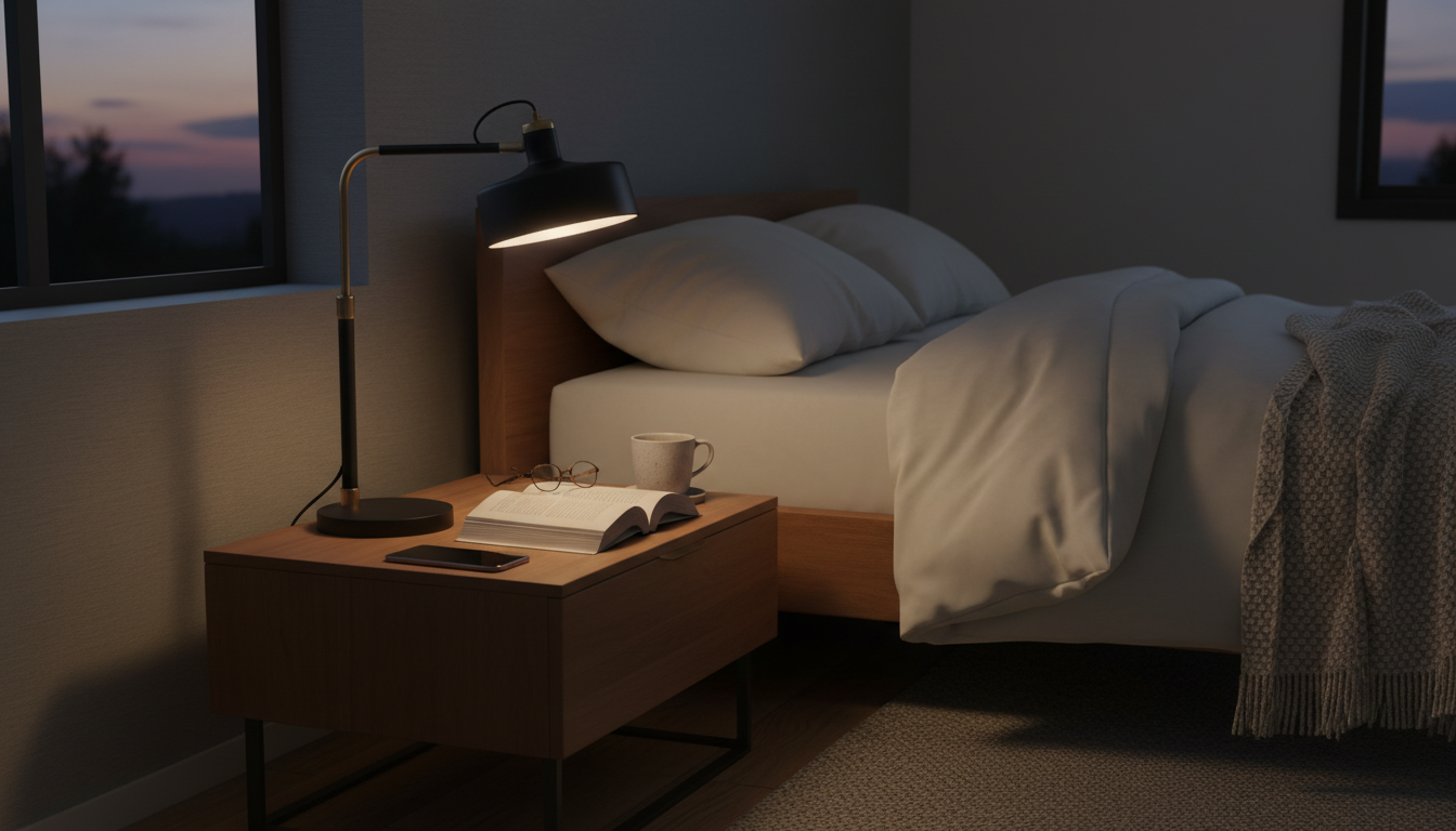 Lampe de chevet en métal noir illuminant une chambre élégante et contemporaine.