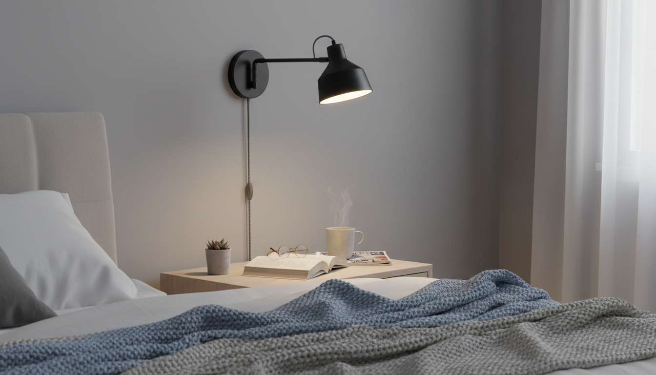 Lampe suspendue en métal noir, éclairant un lit douillet avec housse en lin beige.