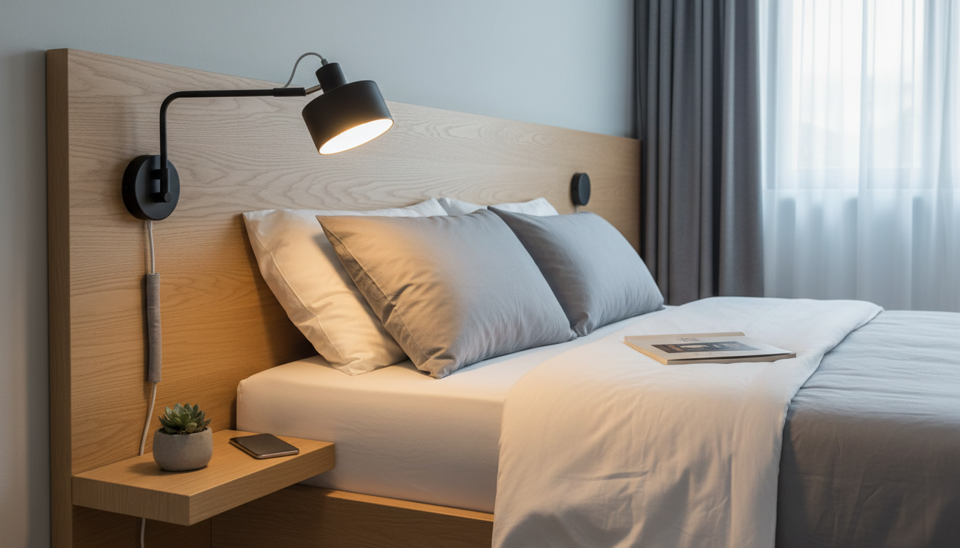 Élégante lampe murale en laiton, harmonieusement agencée avec des livres et une plante verte.