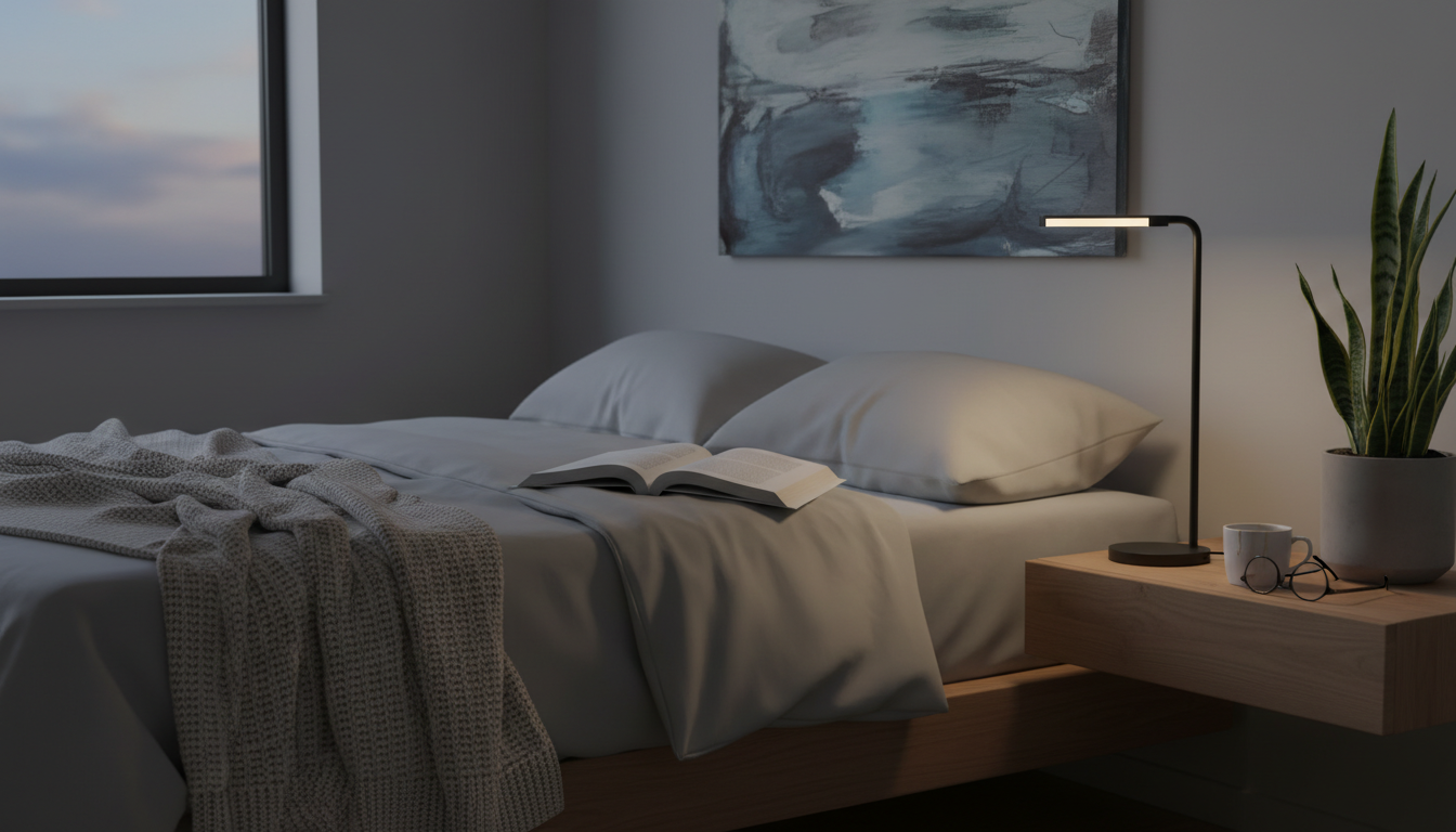 Ambiance sereine avec la lampe en métal noir, éclairage doux sur la table de nuit.