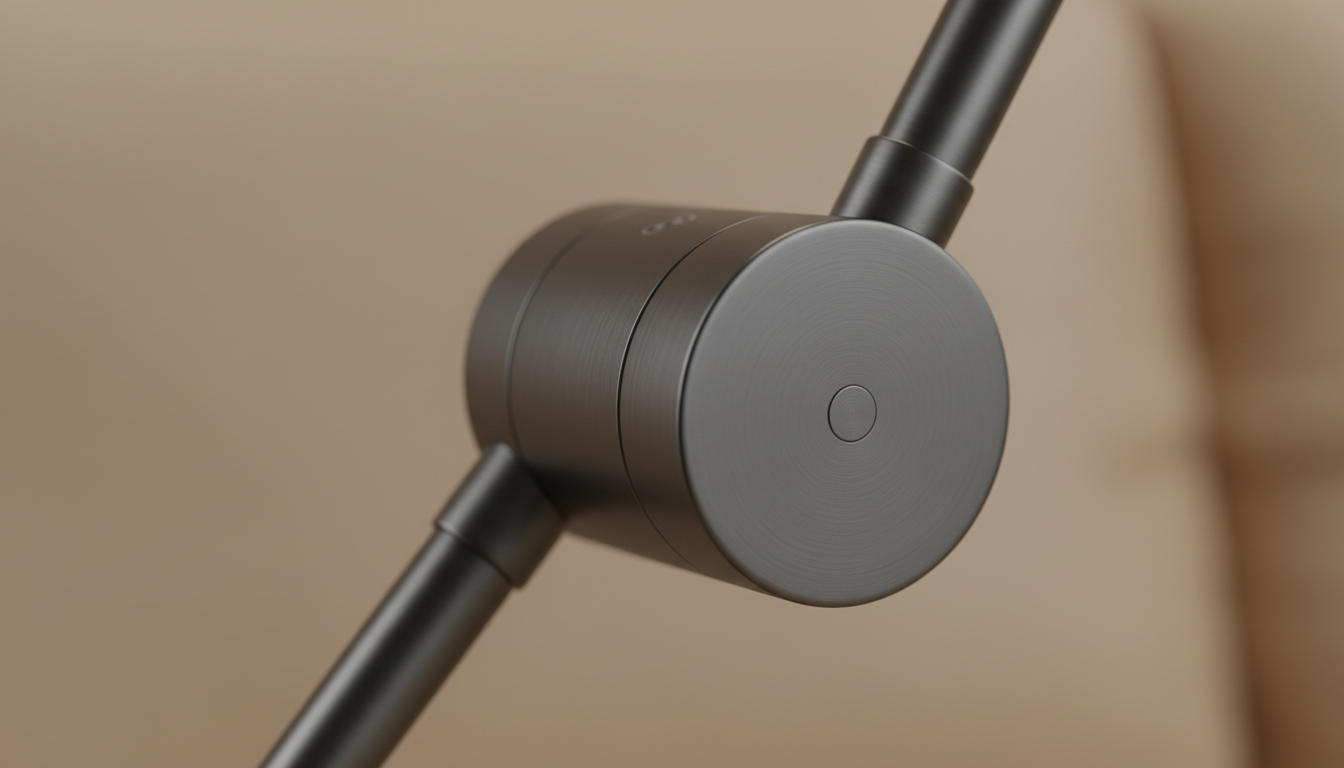 Gros plan sur l'interrupteur tactile discret et la texture mate de l'abat-jour.