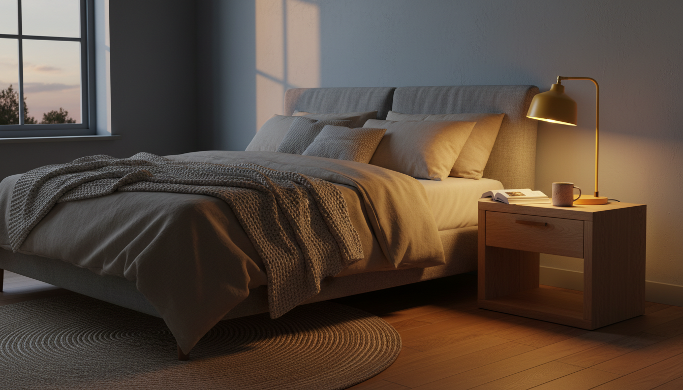 La lampe de chevet jaune moutarde illumine un coin lecture cosy, entourée de livres.