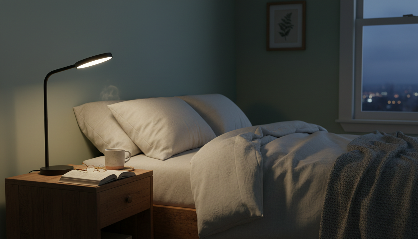 Lampe de chevet LED émettant une lumière douce dans une chambre chaleureuse, sur une table en bois clair.
