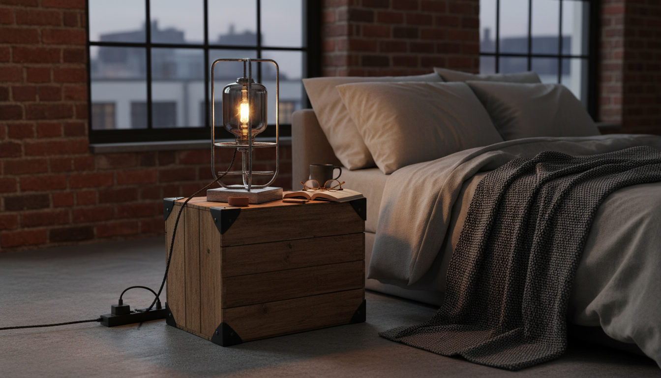 Une lampe de chevet en métal noir et verre fumé, illuminant une table de nuit en bois brut.