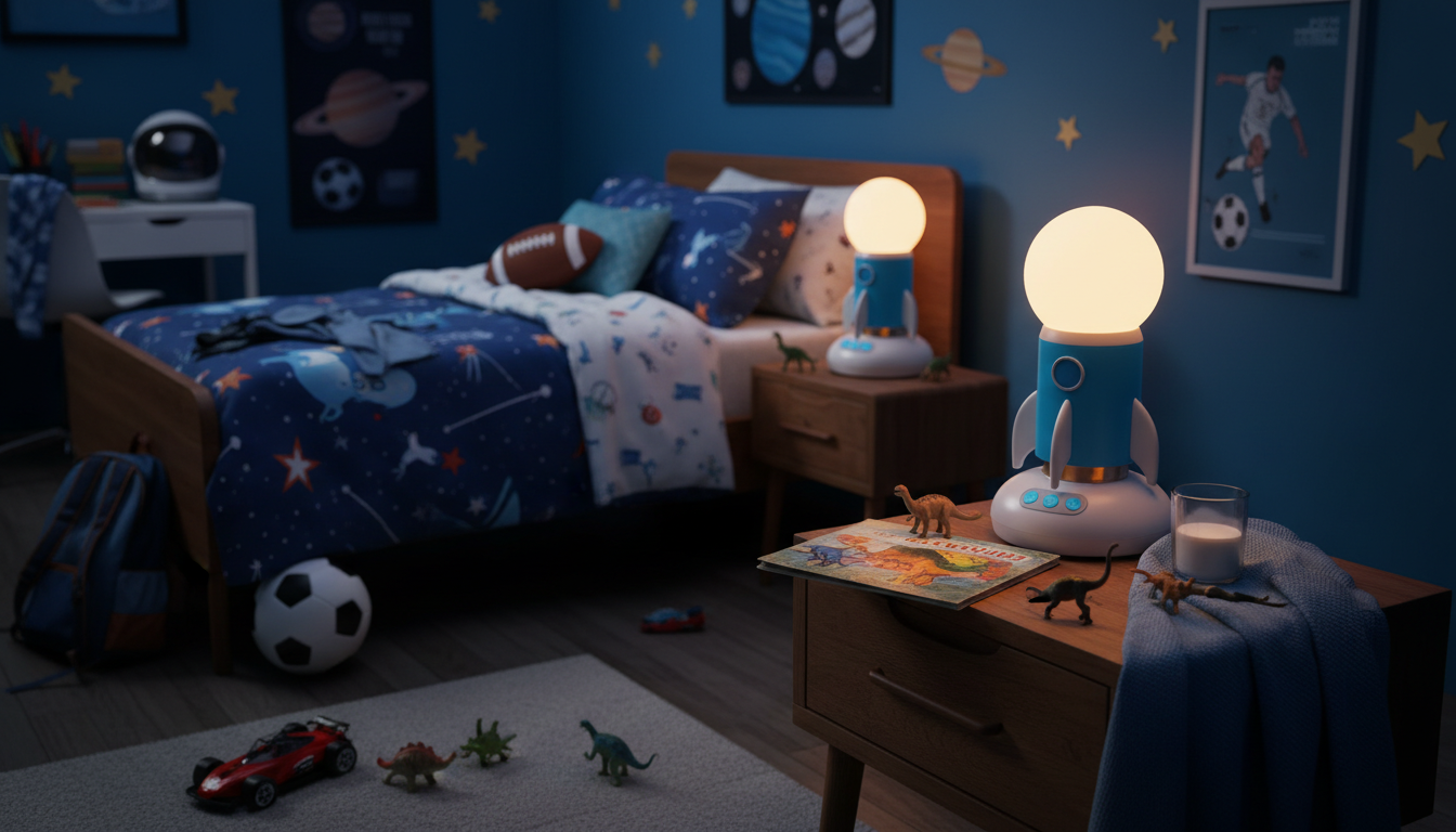 Un petit garçon lit paisiblement sous la douce lumière bleue de sa lampe étoilée.