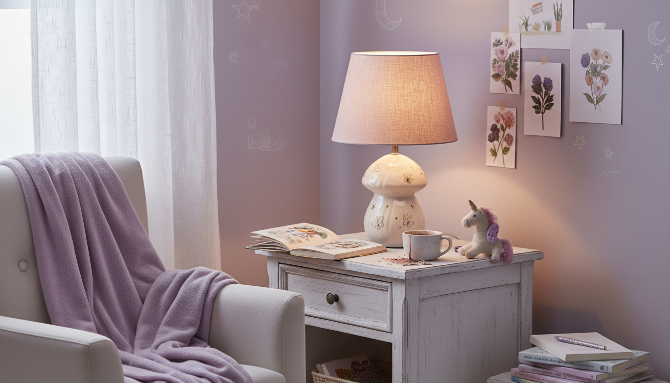Une douce lumière rose éclaire un coin lecture, entouré de poupées et livres colorés.