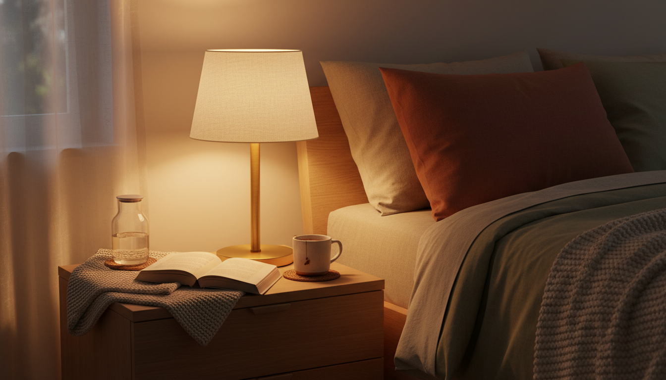 Une lampe dorée aux courbes élégantes illumine une chambre cozy avec douceur.