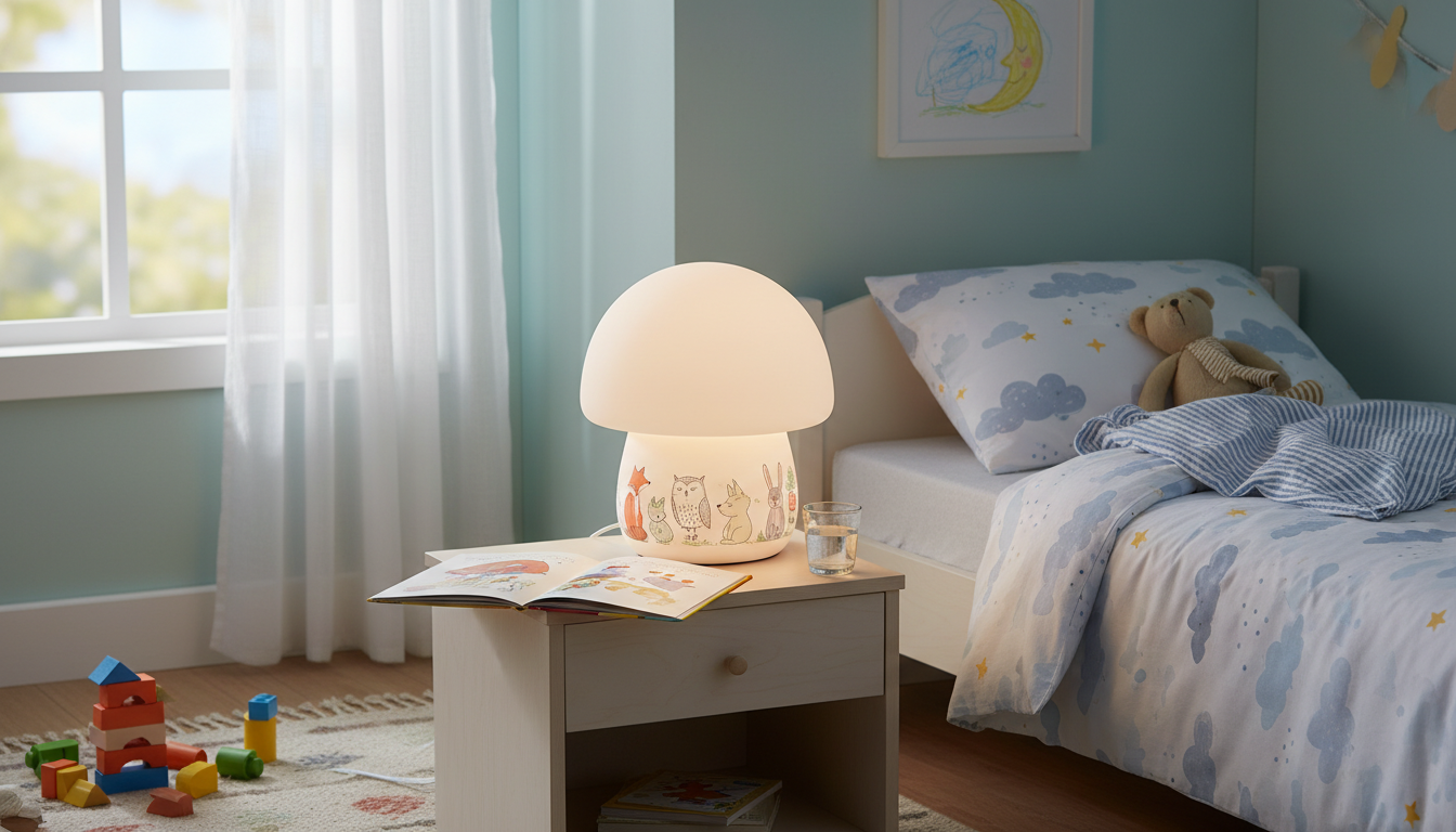 Enfant paisiblement endormi, la lampe diffuse une douce lumière jaune autour du lit.