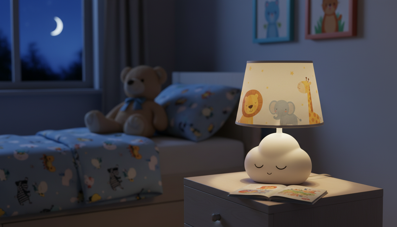 Thème étoilé, lampe sur une table de nuit ornée de livres et jouets colorés.