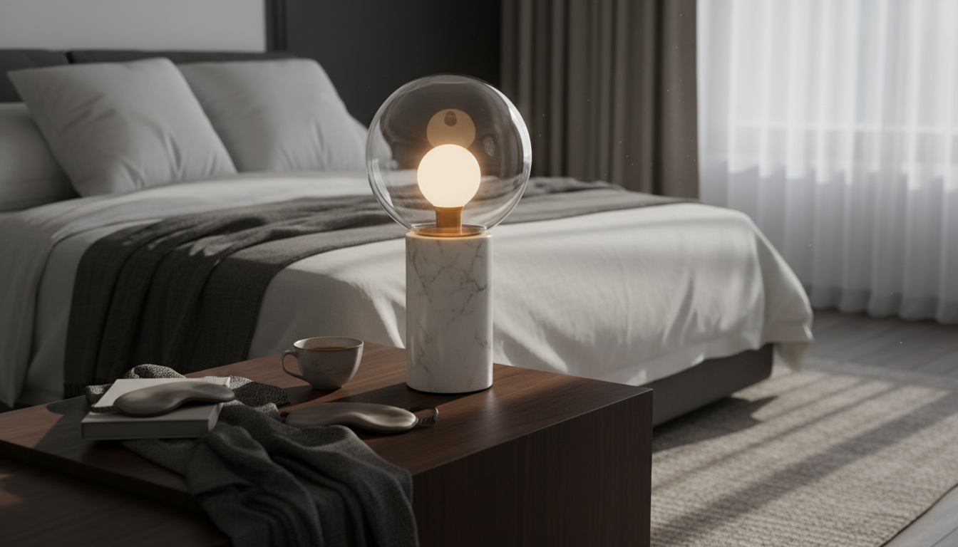 Une lampe de chevet en marbre noir, illuminant une chambre élégante avec des draps en lin beige.