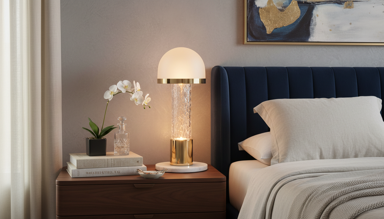 Lampe de chevet dorée sur une table en bois clair, accentuant une décoration minimaliste et contemporaine.