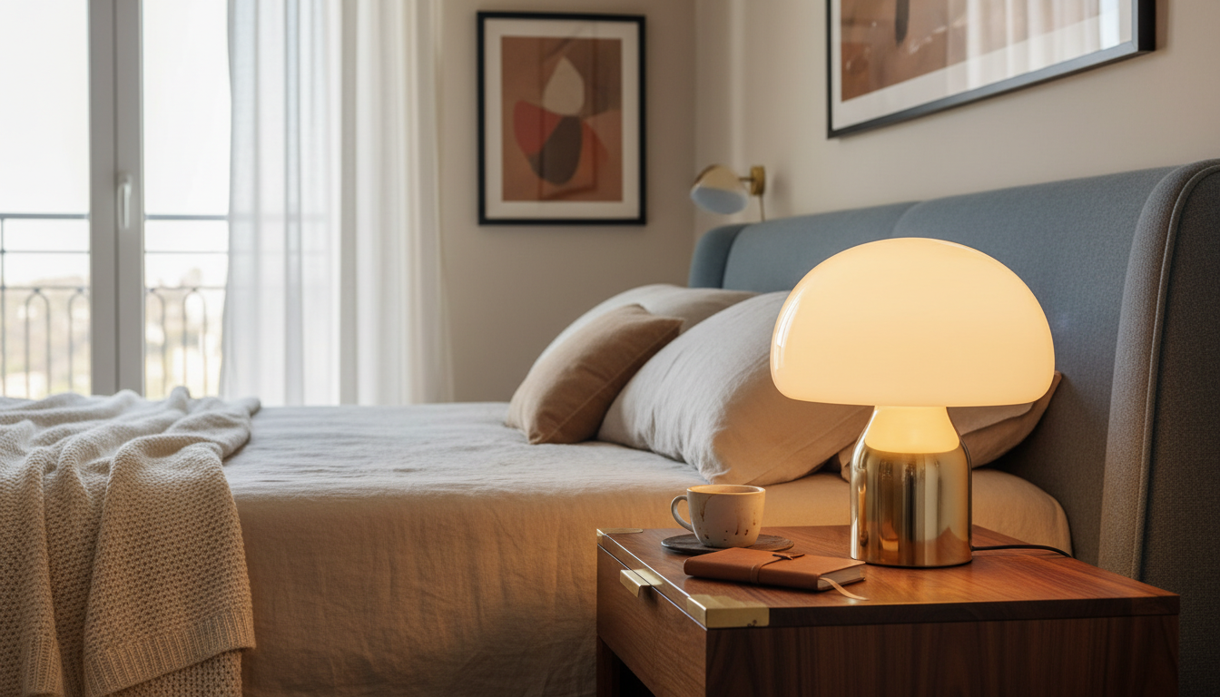 Ambiance chaleureuse avec la lampe champignon en verre opalin émettant une lumière douce.
