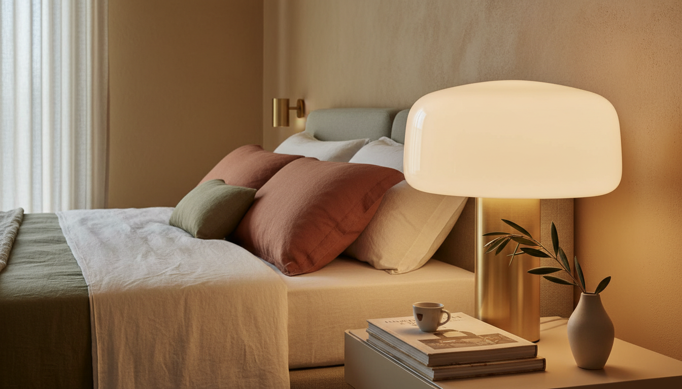 Lampe globe placée sur une table en bois, entourée de livres et d'une plante verte.