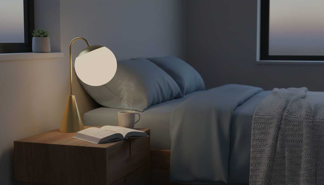 Lampe de chevet en métal noir, illuminant une chambre cozy aux teintes pastel.