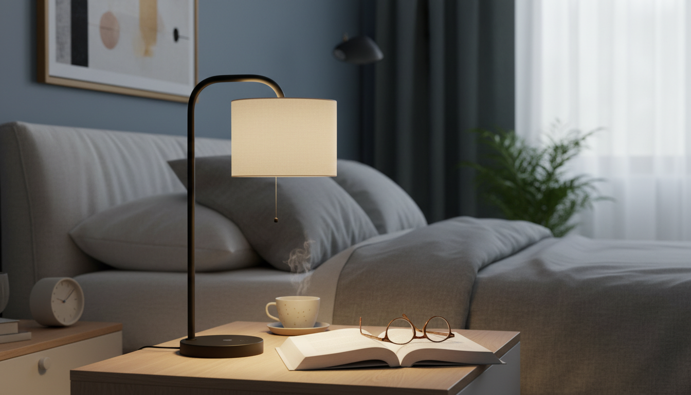 Composition élégante avec la lampe sur une table en bois vintage, entourée de livres.