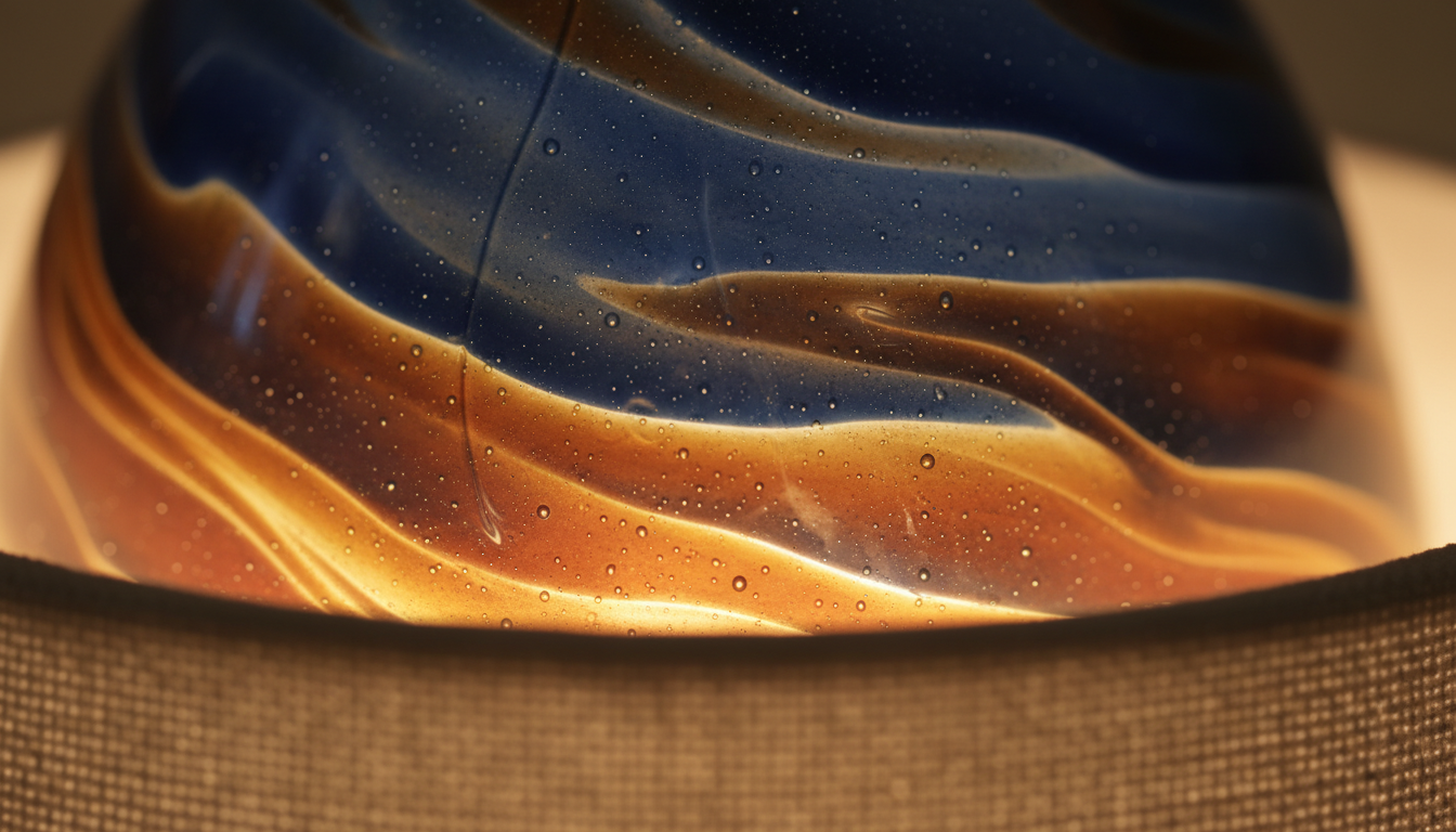 Gros plan sur la texture en verre soufflé et l’ampoule LED diffuse, couleur ambrée.