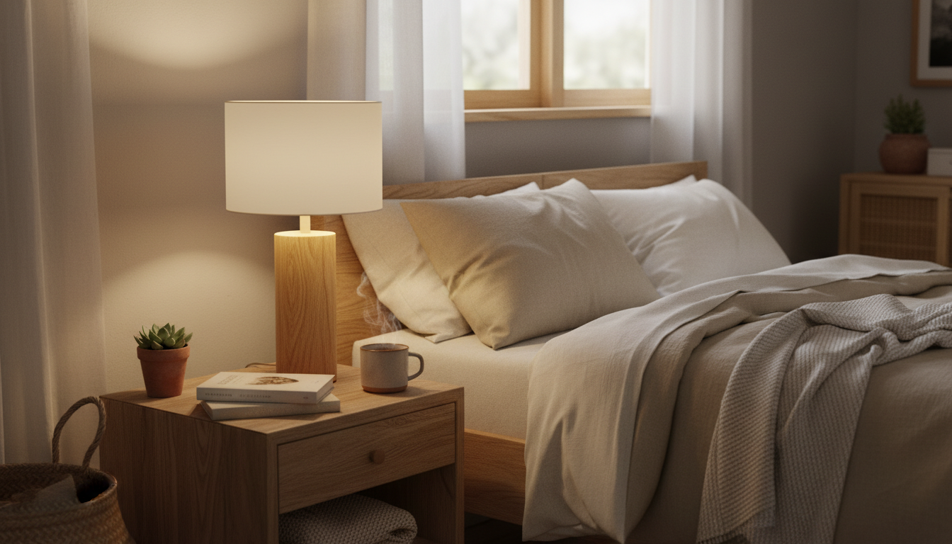 Lampe de chevet en chêne clair illuminant une chambre scandinave au style épuré.