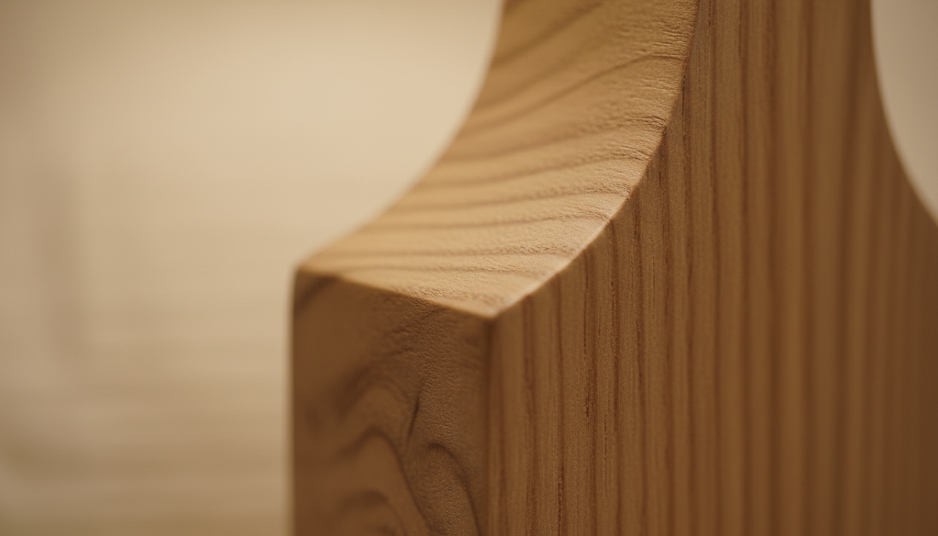 Gros plan sur l’abat-jour en lin beige, soulignant les veines naturelles du bois.