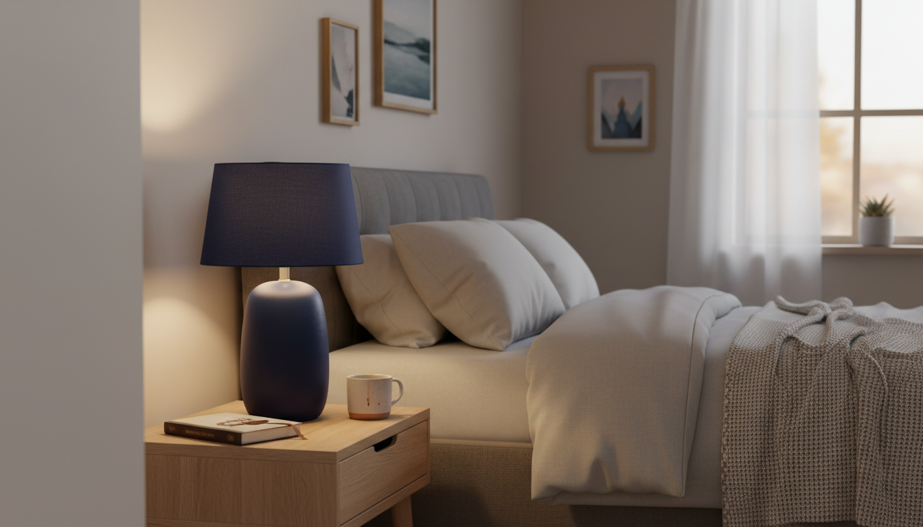 Ambiance sereine avec la lampe bleue illuminant une table de nuit en bois clair.