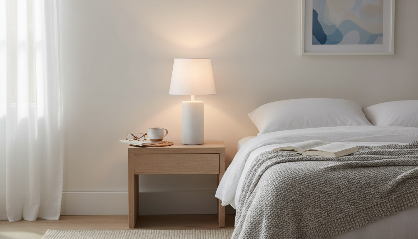 Une lampe de chevet blanche illuminant une table de nuit en bois clair, créant une ambiance sereine.