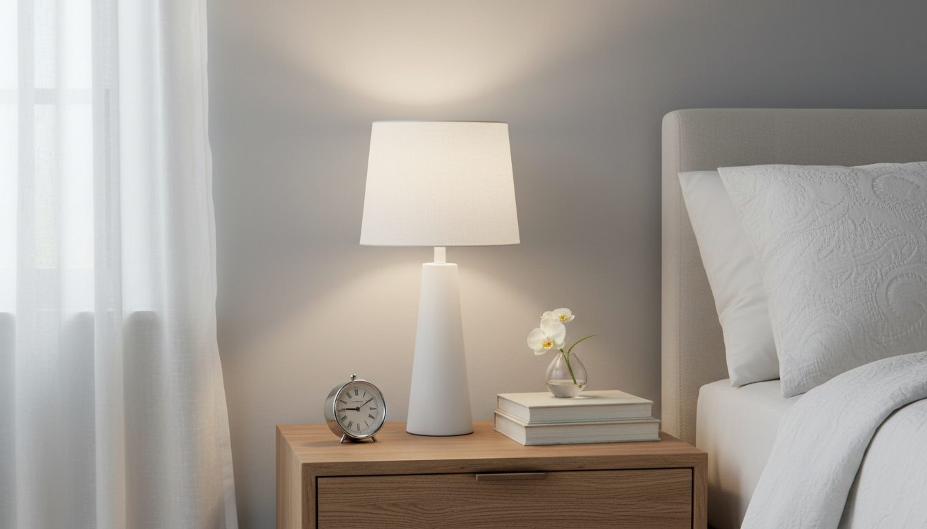 Lampe de chevet blanche stylisée avec des livres et une plante verte, ajoutant une touche élégante à la chambre.