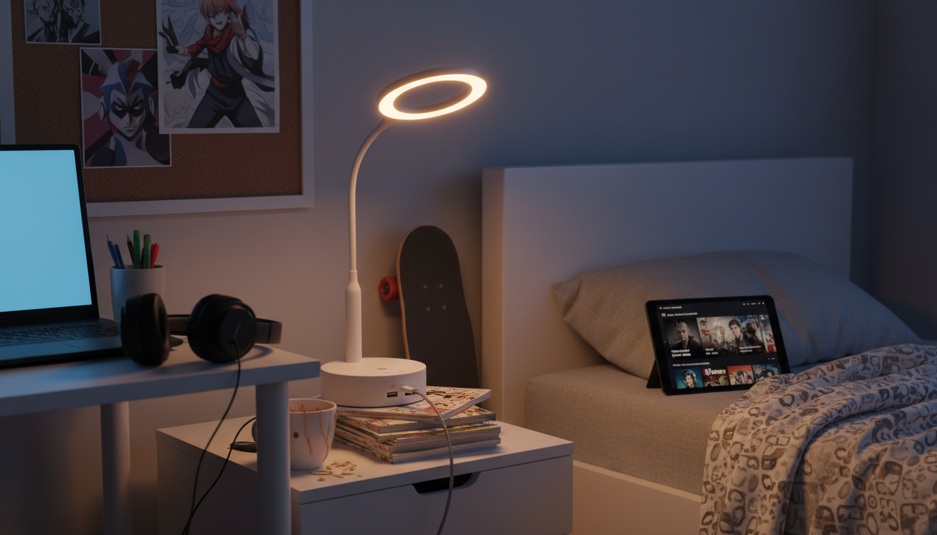 Ambiance tamisée, cette lampe bleue éclaire un coin lecture cosy, livres ouverts.