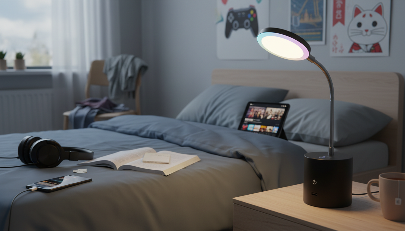 Lampe en bois clair sur une table de nuit, entourée de plantes et d'une tasse stylée.