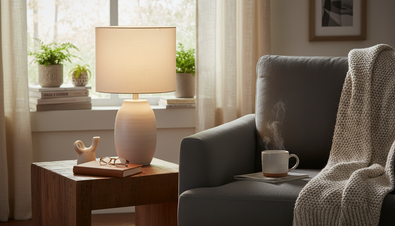 Lampe céramique beige illuminant un coin lecture cosy avec un abat-jour en lin.