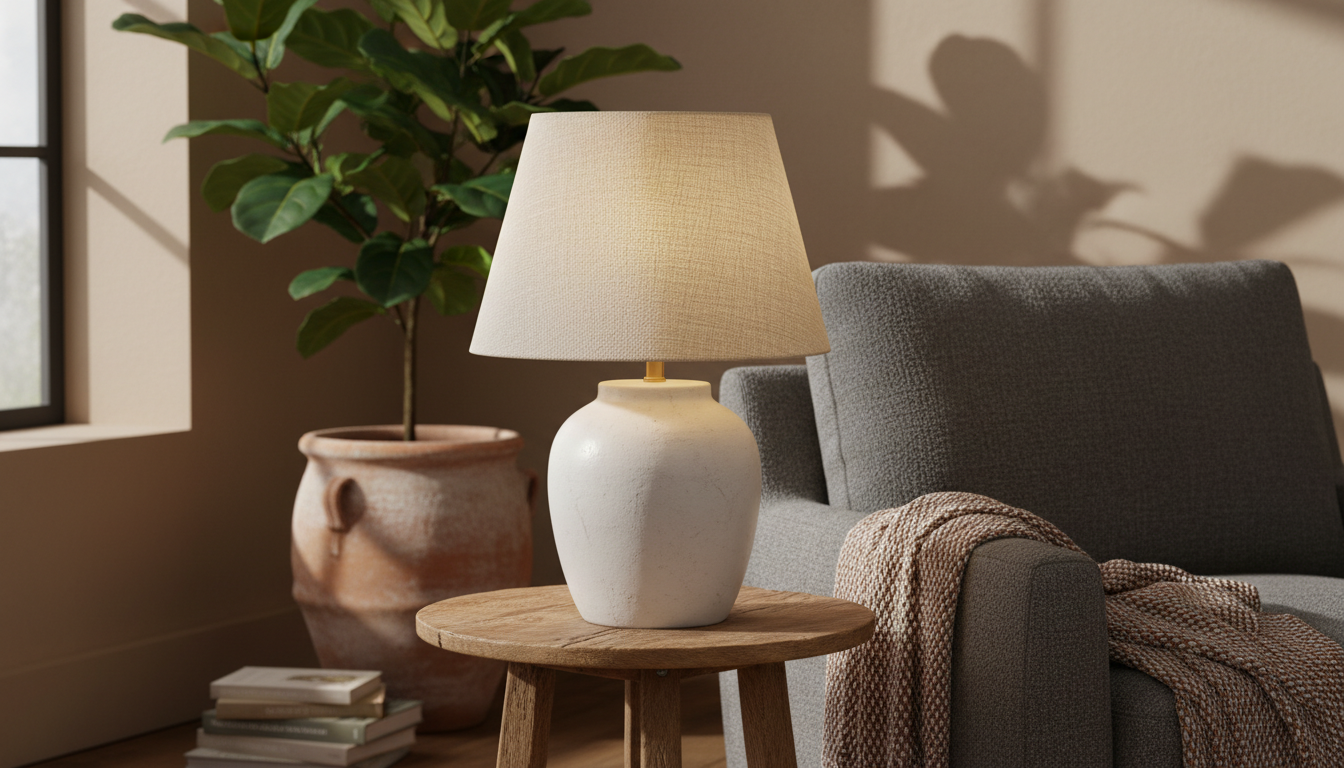 Lampe céramique blanche sur une console en bois, entourée de plantes vertes élégantes.