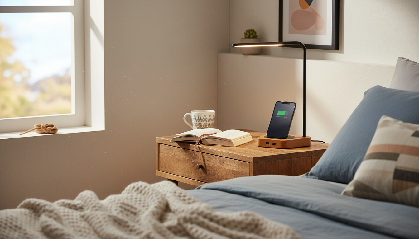 Lampe en bois clair, lumière douce, recharge sans fil pour smartphone sur table de nuit.