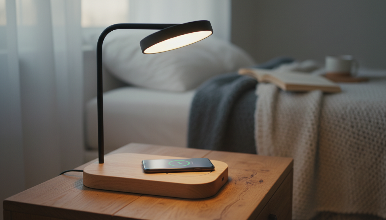 Élégante mise en scène avec plantes vertes, book et lampe chargée sur bureau en bois.